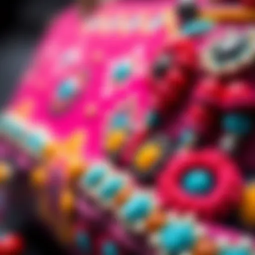 A close-up of intricate bead designs on a handbag