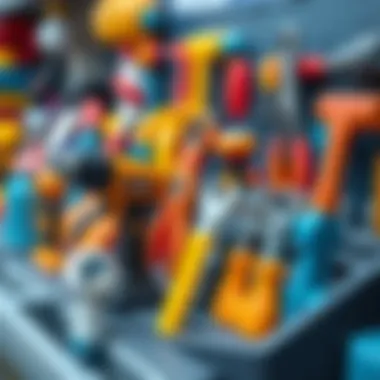 A colorful display of various toy tools included in the drill set, emphasizing educational value.