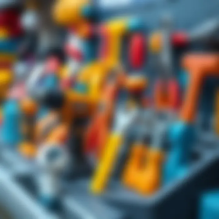 A colorful display of various toy tools included in the drill set, emphasizing educational value.