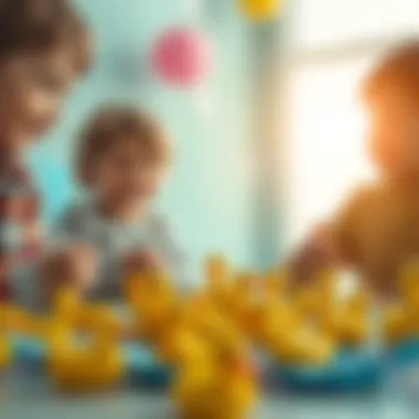 An artistic representation of children engaging with paper duck toys, highlighting their joy and creativity.