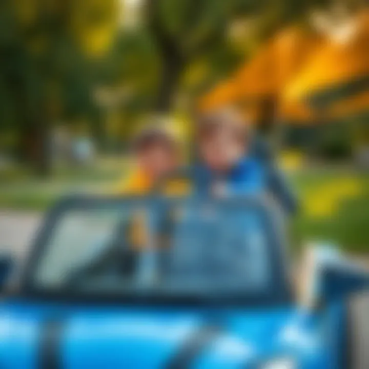 Children at Play in a Three-Seater Electric Car An overview of children enjoying their time in a three-seater electric car in a park.