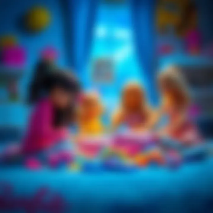 A vivid illustration depicting children engaging in imaginative play with Barbie dolls and their boxes.