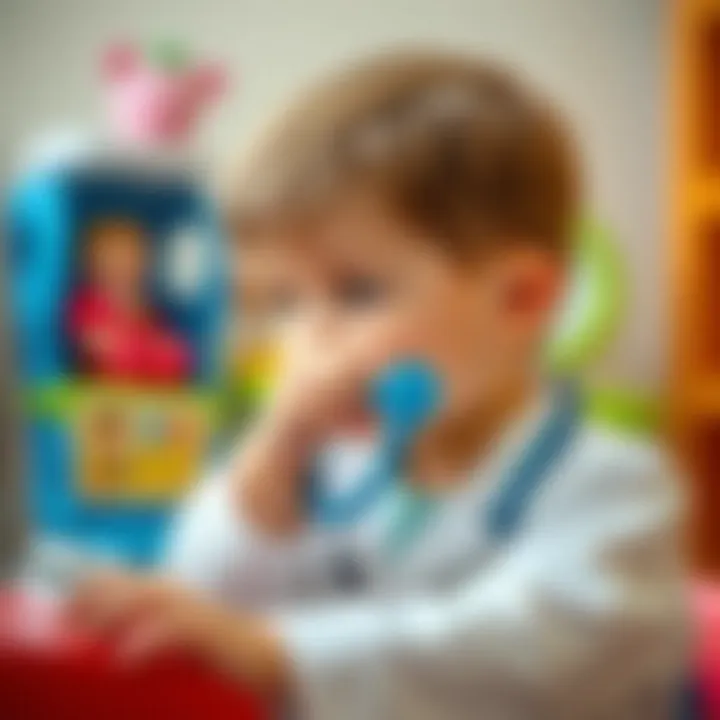 Child Using Stethoscope from Toy Set A close-up of a child using a stethoscope from a doctor toy set.