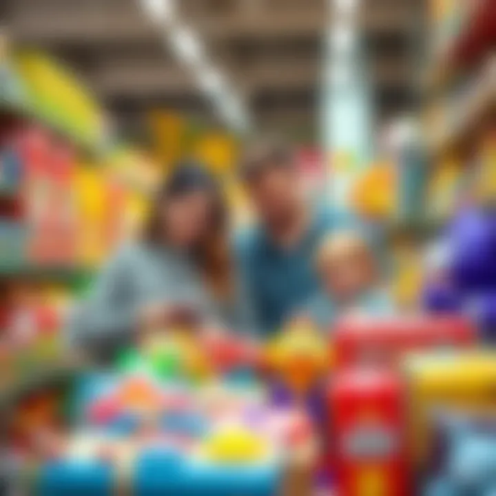 Thoughtful Selection of Toys by Parents Parents selecting toys for their child in a store, emphasizing careful choices