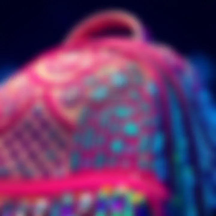 Close-up of the intricate design patterns on a glitter backpack