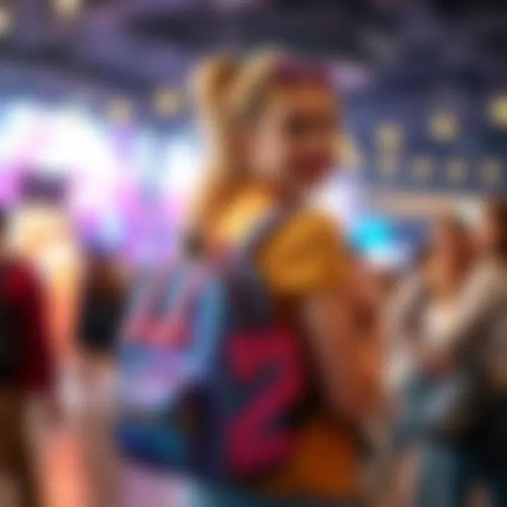 A young adult confidently wearing a glitter backpack at a social event