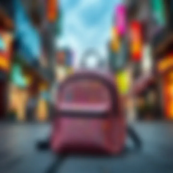 A stylish glitter backpack displayed against a vibrant urban backdrop