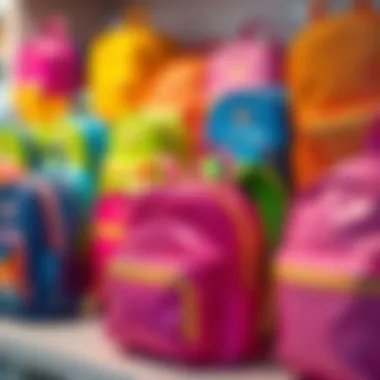 A collection of glitter backpacks in various colors displayed on a shelf