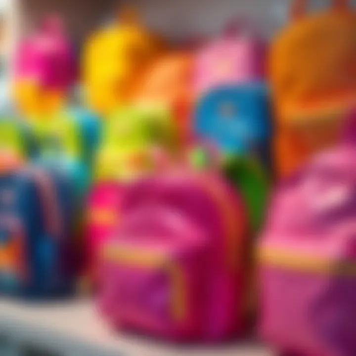 A collection of glitter backpacks in various colors displayed on a shelf