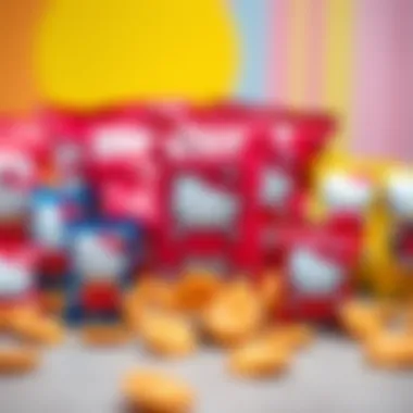An assortment of Hello Kitty chips displayed creatively on a vibrant background