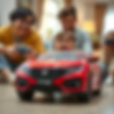 Parents observing their child playing with the toy car