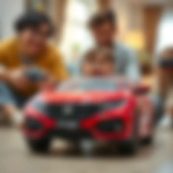 Parents observing their child playing with the toy car