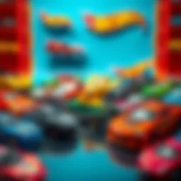 A vibrant collection of Hot Wheels cars displayed on a colorful backdrop