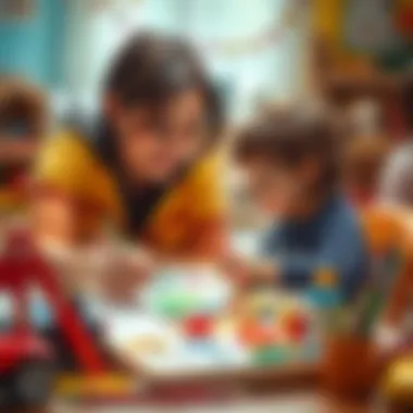 Parent assisting child with a painting project