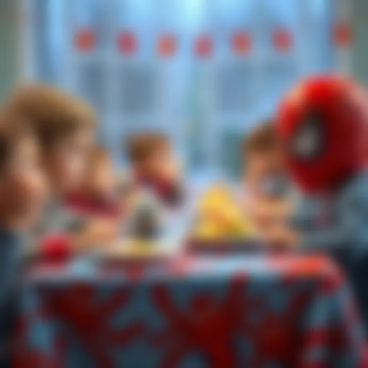 Children enjoying a meal under a Spiderman tablecloth