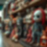 A collection of eerie dolls displayed in a vintage shop