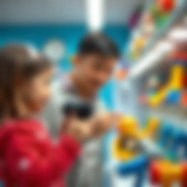 A parent selecting a toy microphone for child development