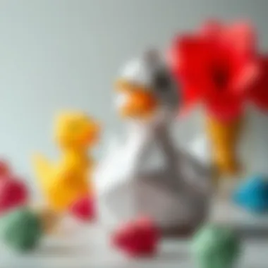 A close-up view of the paper folding technique used to create intricate details in the duck toy.