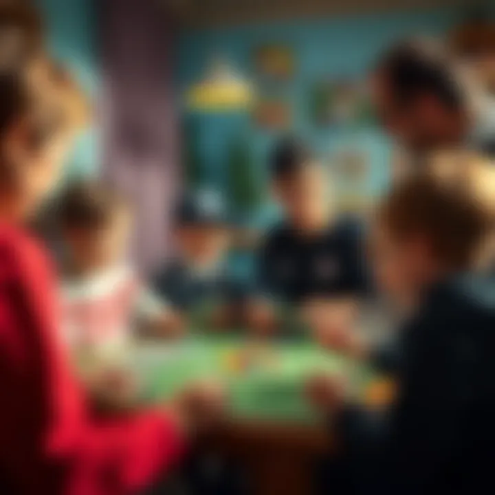 Collaborative Strategy Discussion with Game Cards Parents and children discussing game strategies using cards