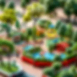 Colorful park model showcasing diverse play areas and green spaces.