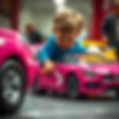 Child exploring the features of a pink Hot Wheels car
