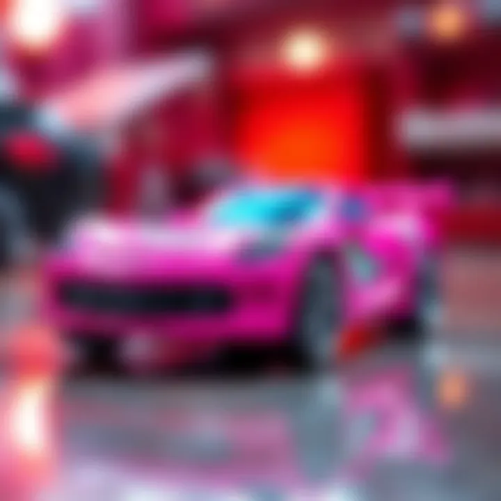 Close-up of a unique pink Hot Wheels car design