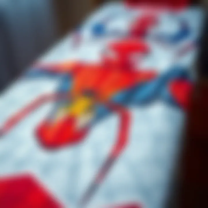 Close-up of Spiderman design on a tablecloth