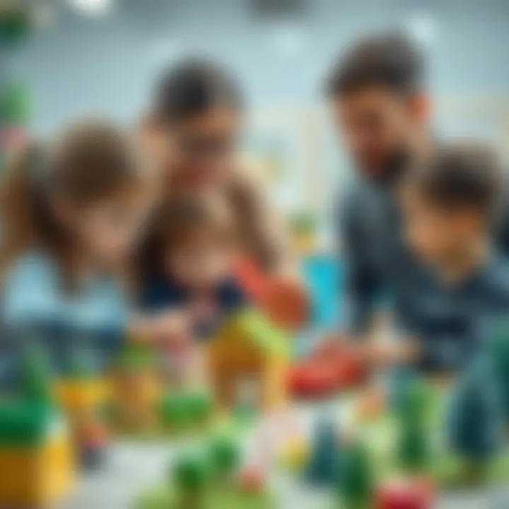 A teacher guiding kids in building a park model together.