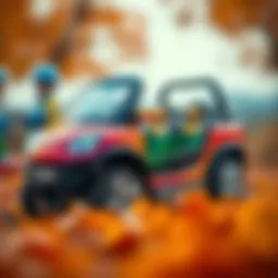 A beautifully designed three-seater electric car for children showcasing vibrant colors.