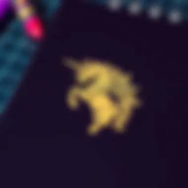 A close-up of a unicorn emblem on the cover of a notebook.