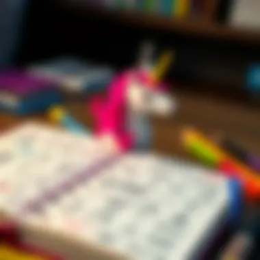 An open unicorn notebook with vibrant doodles and sketches.