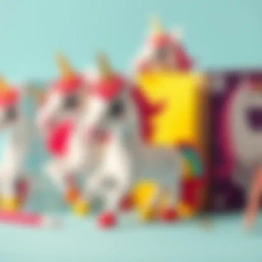 A collection of colorful unicorn notebooks arranged aesthetically.