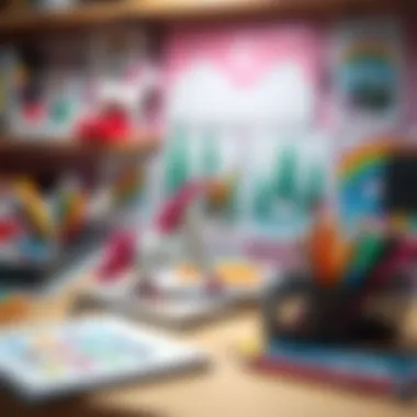 A workspace featuring a unicorn notebook alongside art supplies.