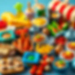 A colorful spread of play food items representing various cuisines